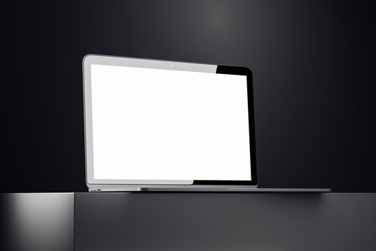 Laptop with blank white display on a sleek podium in a dark studio setting. 3D Rendering