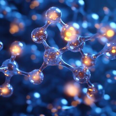 Poster - Abstract Molecular Structure Glowing Atoms in Vibrant Blue and Orange, 3D Render of a Complex Chemical Bond.