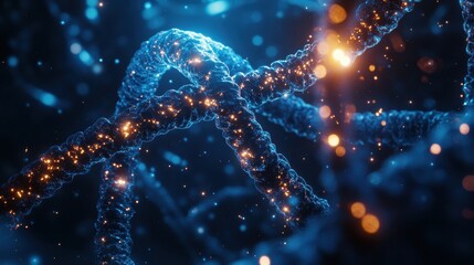 Poster - Abstract 3D Rendering of DNA Double Helix with Glowing Particles, Blue and Orange Color Scheme, Science and Technology Background