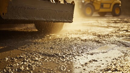 Canvas Print - A Heavy Machinery Operator Works on a Construction Site with a Vibrant Sunset Glow, Creating a Dusty and Dynamic Atmosphere of Progress and Development