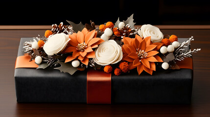 Aufkleber - A beautifully wrapped gift adorned with orange and white flowers, featuring a satin ribbon, perfect for special occasions