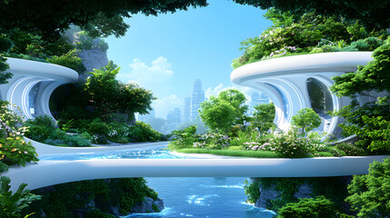 Poster - A serene, futuristic landscape featuring sleek white structures surrounded by lush greenery and flowing water under a clear blue sky