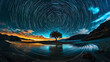 © kiattisak - stunning long exposure shot of starry night sky with circular star trails above solitary tree by water, reflecting vibrant colors of sunset