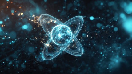 Poster - abstract blue glowing atom particle background futuristic technology, science, and energy concept.