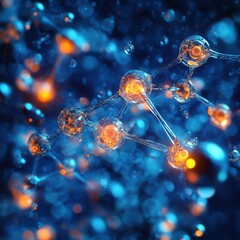 Poster - Abstract Microscopic Molecular Structure Glowing Orange and Blue Atoms Connected by Bonds - 3D Render of Cellular Network