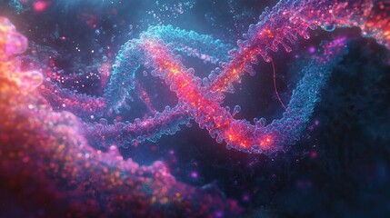 Poster - Abstract DNA Double Helix Vibrant Neon Pink, Blue, and Red 3D Render of Genetic Code, Science Background, Medical Research, Biotechnology Concept
