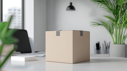 Sticker - Beige Cardboard Box Sits On Modern Office Desk