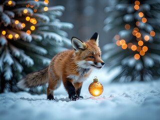 Canvas Print - Playful fox exploring a winter wonderland with ornaments and snowy backdrop, photography of wildlife concept.