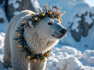 Wall Mural - Majestic polar bear adorned with holiday decor in a snowy wonderland, photography of nature concept.