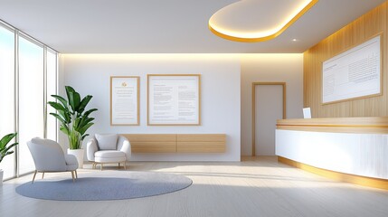 Poster - A bright doctor's office with light-colored furniture, framed medical certificates, and a cozy waiting area for patients to feel comfortable.