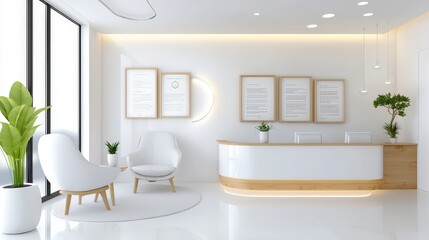 Poster - A bright doctor's office with light-colored furniture, framed medical certificates, and a cozy waiting area for patients to feel comfortable.
