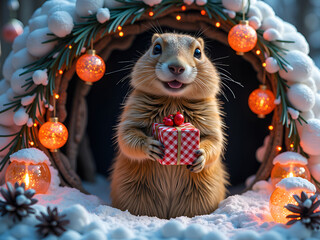 Canvas Print - Adorable animal holding a gift surrounded by holiday decor in a winter setting, 3d rendering of fantasy illustration concept.