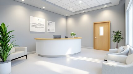 Poster - A modern doctor office reception area, featuring a clean counter, appointment book, and welcoming decor, with a cozy seating area for visitors.