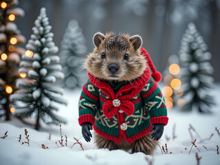 Canvas Print - Adorable hedgehog in a christmas sweater surrounded by snowy pine trees, photorealistic of animal portrait concept.