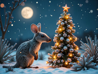 Wall Mural - charming rabbit admiring a luminous christmas tree under a starry winter night, digital art of fanta