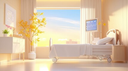Poster - A warm hospital room background, with clean linens, soft lighting, and a sense of care and recovery.