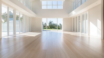 Poster - Bright, spacious new home interior with minimalist decor, light wood floors, and large windows letting in natural light.