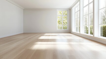 Poster - Bright, spacious new home interior with minimalist decor, light wood floors, and large windows letting in natural light.