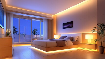 Poster - Cozy small apartment bedroom with a space-efficient design, featuring light furniture, neutral tones, and natural light.