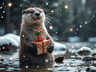 Wall Mural - a charming otter holding christmas gifts in a snowy forest setting, digital art of fantasy concept.