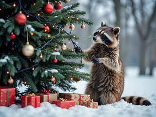 adorable raccoon decorating a christmas tree in a snowy wonderland, photography of animal concept.