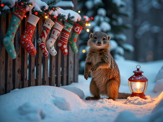 Wall Mural - curious creature among colorful stockings in a winter wonderland scene, photorealistic of holiday ce