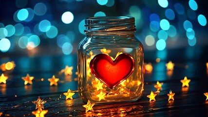 Wall Mural - glowing heart in jar magical decoration surrounded by twinkling stars and light