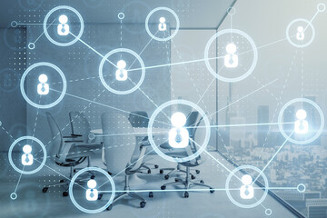 Aufkleber - Abstract network connections overlaying an office background showing digital communication and corporate networking concept.