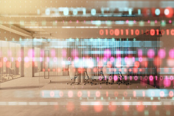 Aufkleber - Abstract overlay of binary code with modern office interior background, combining technology and workspace themes.