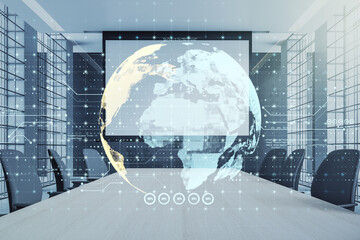 Aufkleber - Digital globe overlay in modern conference room with technological interface background.