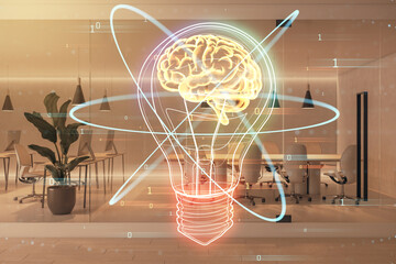 Poster - Brain and light bulb concept blending with modern office space, illustrating innovation and technology.