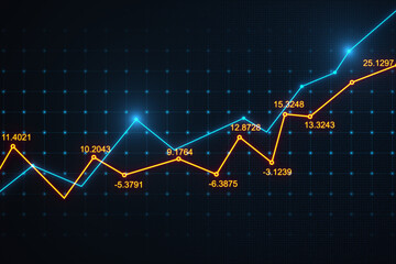 Poster - Investment and trading concept with front view on blue and yellow digital growing financial chart graphs on dark technological background. 3D rendering