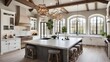 © Saqlain - This stunning new luxury home features a traditional kitchen with huge island marble counters, wood beams, and hardwood floors. features generative artificial intelligence, a farmhouse sink, and sophi