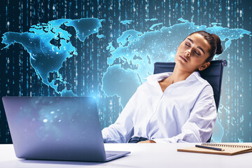 Poster - Businesswoman sleeping at desk with laptop and digital map background representing global network and technological data.