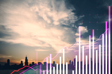 Poster - Financial growth chart overlaying Chicago skyline at sunset.