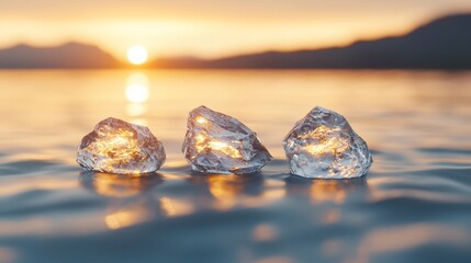 Poster - Surreal Digital Artwork with Shimmering Reflections on Water and Refraction Effects at Sunset Beach Scene