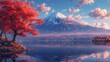 © silvni - Autumnal Serenity Red Leaves with Serene Lake and Mountain View
