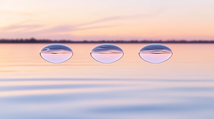 Poster - Abstract Holographic Bubbles with Gradient Reflection on Calm Water Surface at Dusk