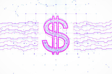 Poster - Digital dollar sign with binary code and circuit lines on a gradient background. 3D Rendering