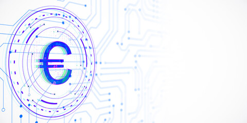 Poster - Digital Euro Symbol with Circuit Design on White Background, Symbolizing Technology and Finance Concept. 3D Rendering