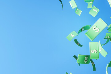 Poster - Flying green dollar bills isolated on blue background. 3D Rendering
