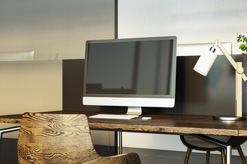Poster - Modern office desk with a computer, lamp, and wooden chair in a clean workspace. Neutral walls and glass background create a corporate feel. 3D Rendering