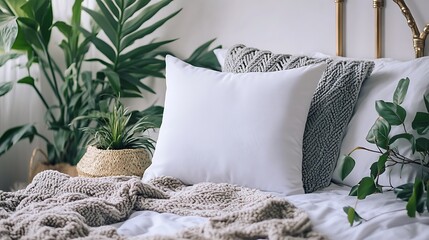 Wall Mural - White Pillow on Bed with Plants and Blanket