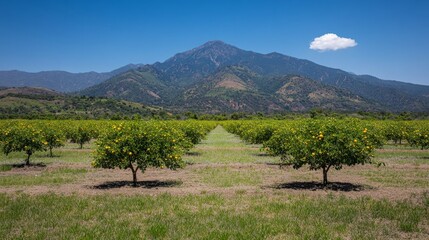 Wall Mural - Serene Mountain Orchard: Rows of citrus trees stretch towards a majestic mountain peak, under a bright blue sky, evoking a sense of tranquility and abundance. 