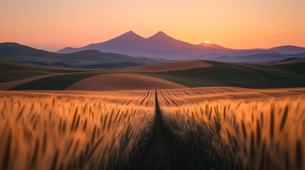 Wall Mural - Golden Hour Serenity: Sun-kissed fields of wheat gently sway in the warm glow of the setting sun, with majestic mountains as a backdrop. This image evokes a sense of peace, tranquility.