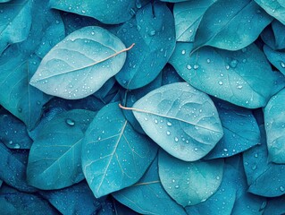 Sticker - Blue Leaves with Water Droplets