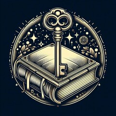 Aufkleber - a closed book with a key on top implies secrets knowledge or mys