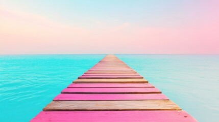 Wall Mural - Pink Paradise Pier: Serene pastel sky meets turquoise ocean, a vibrant pink wooden pier beckons towards an idyllic horizon. A captivating image perfect for travel, serenity and dreams. 