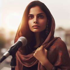 Poster - A woman with a look of courage standing up for others finding he