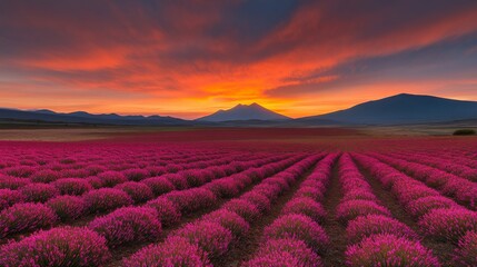 Wall Mural - Crimson Sunset over Lavender Fields 